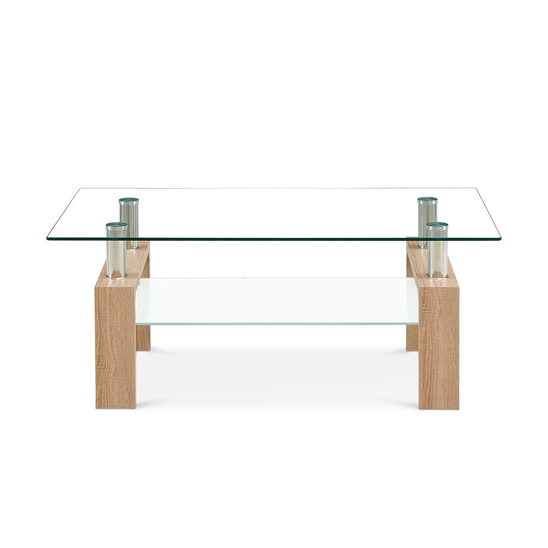 Ollie Tempered Glass Rectangle Coffee Table 110 x 60cm - Oak
