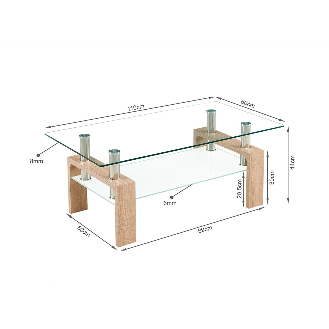 Ollie Tempered Glass Rectangle Coffee Table 110 x 60cm - Oak