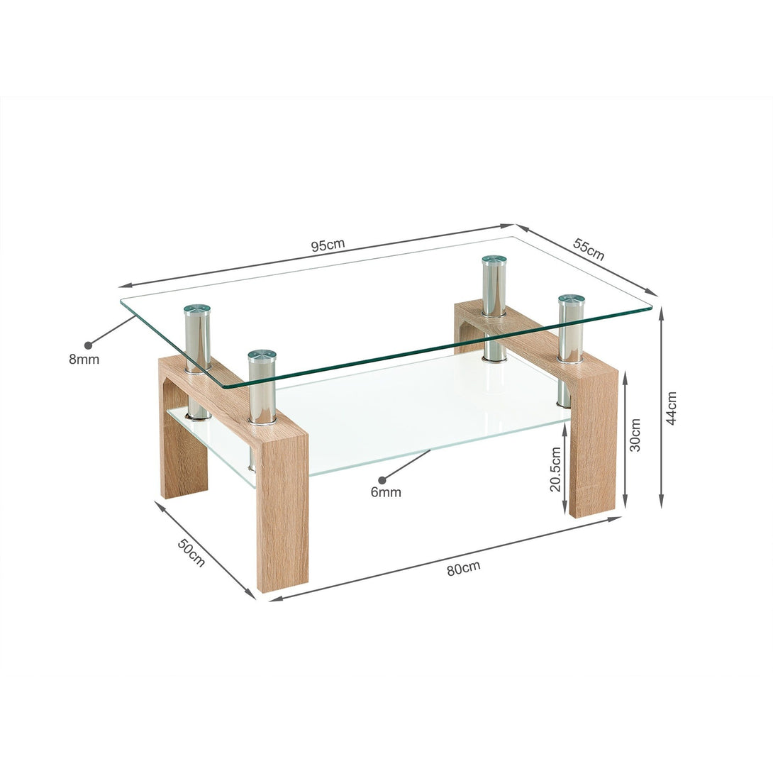 Ollie Tempered Glass Rectangle Coffee Table 95 x 55cm - Oak