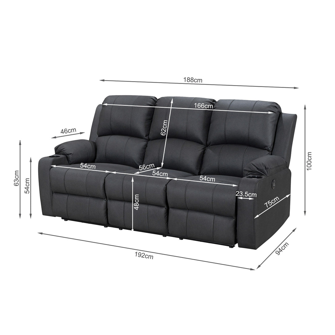Marton Electric 3 Seater Recliner Sofa - Black