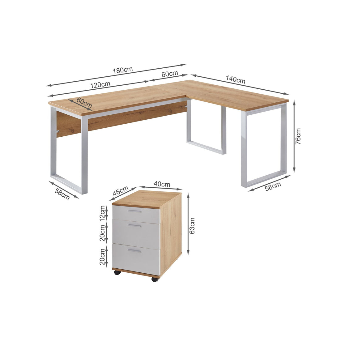 Nakia Computer Corner Desk with Filing Cabinet - Oak + White