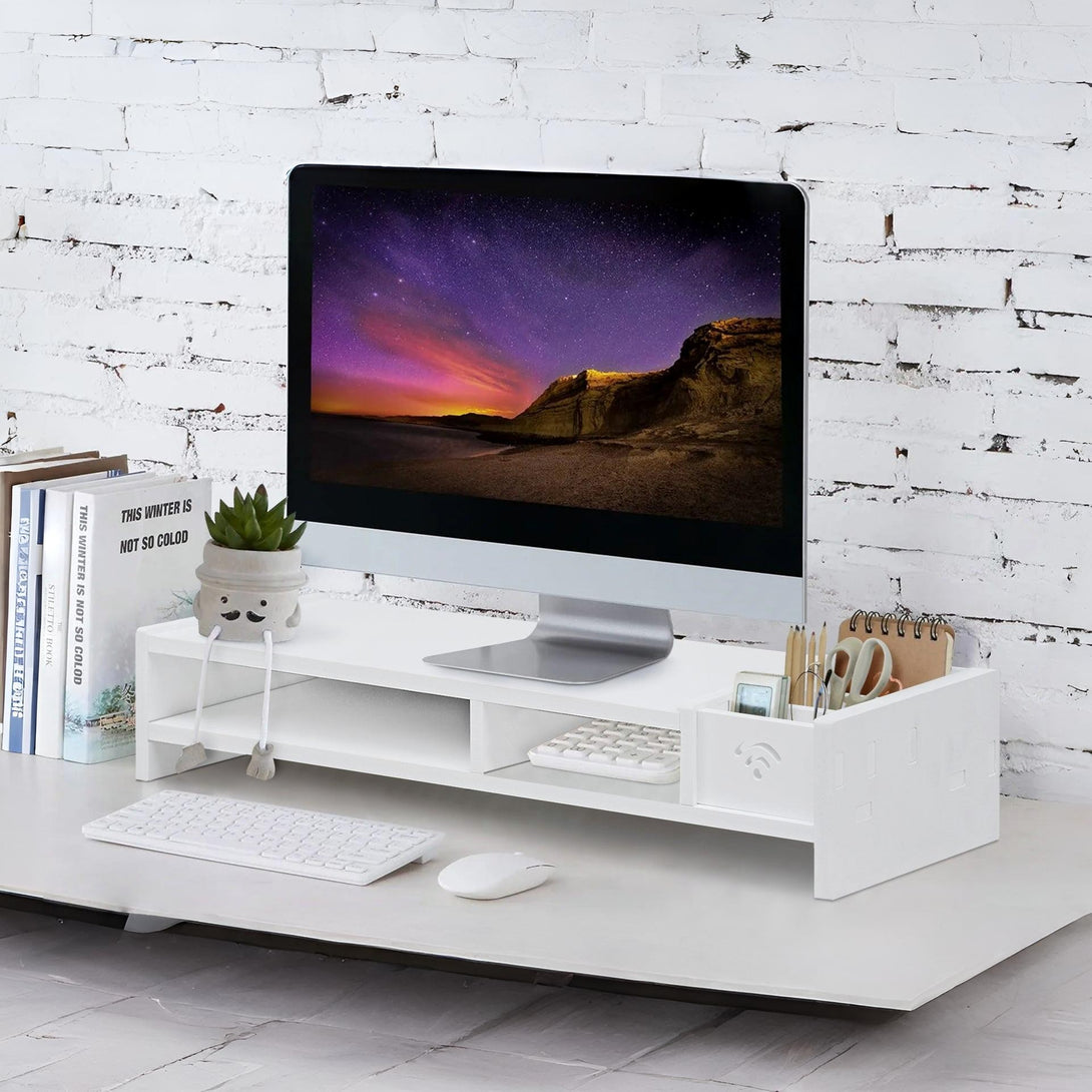 2 Tier Monitor Stand Riser Storage Organizer Shelf - White