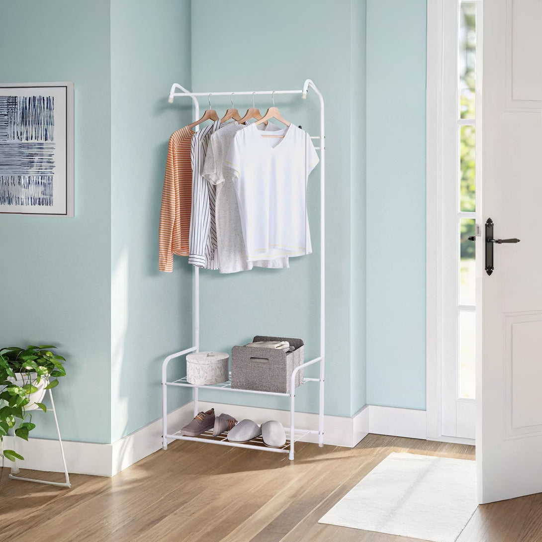 Clothing Garment Rack with Shelves - White