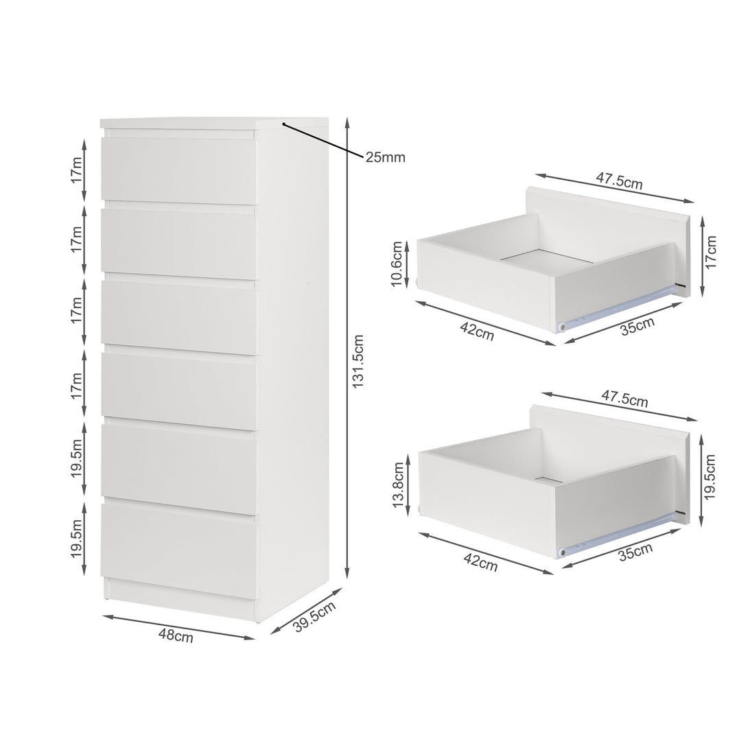 Tongass Wooden Slim Tallboy 6 Drawers - White