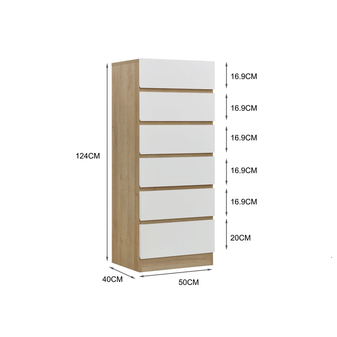 Harris 6 Drawers Slim Tallboy - Oak + White