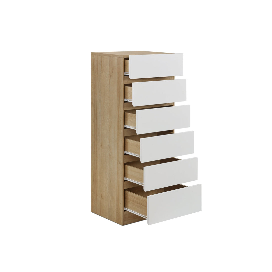 Harris 6 Drawers Slim Tallboy - Oak + White