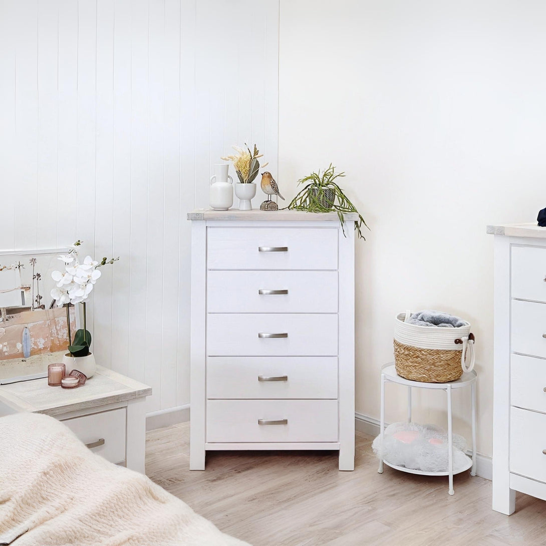 Aurora Solid Wood 5 Drawer Slim Tallboy - White