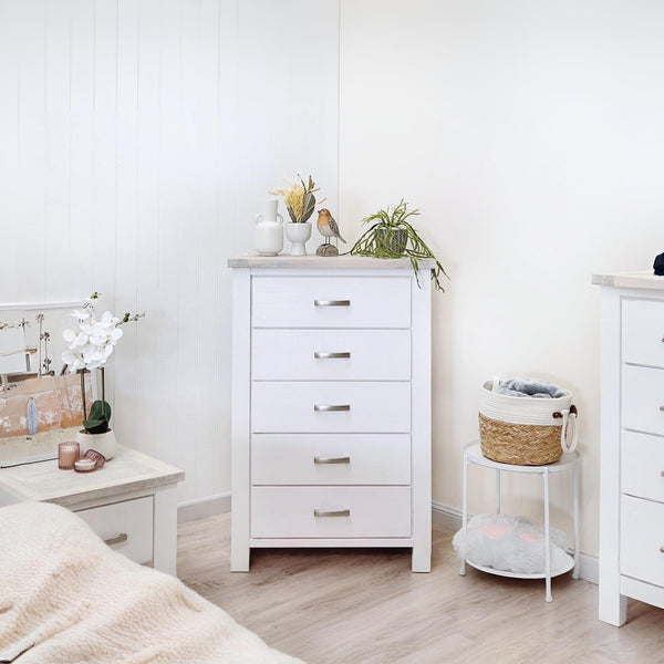 Aurora Solid Wood 5 Drawer Slim Tallboy - White