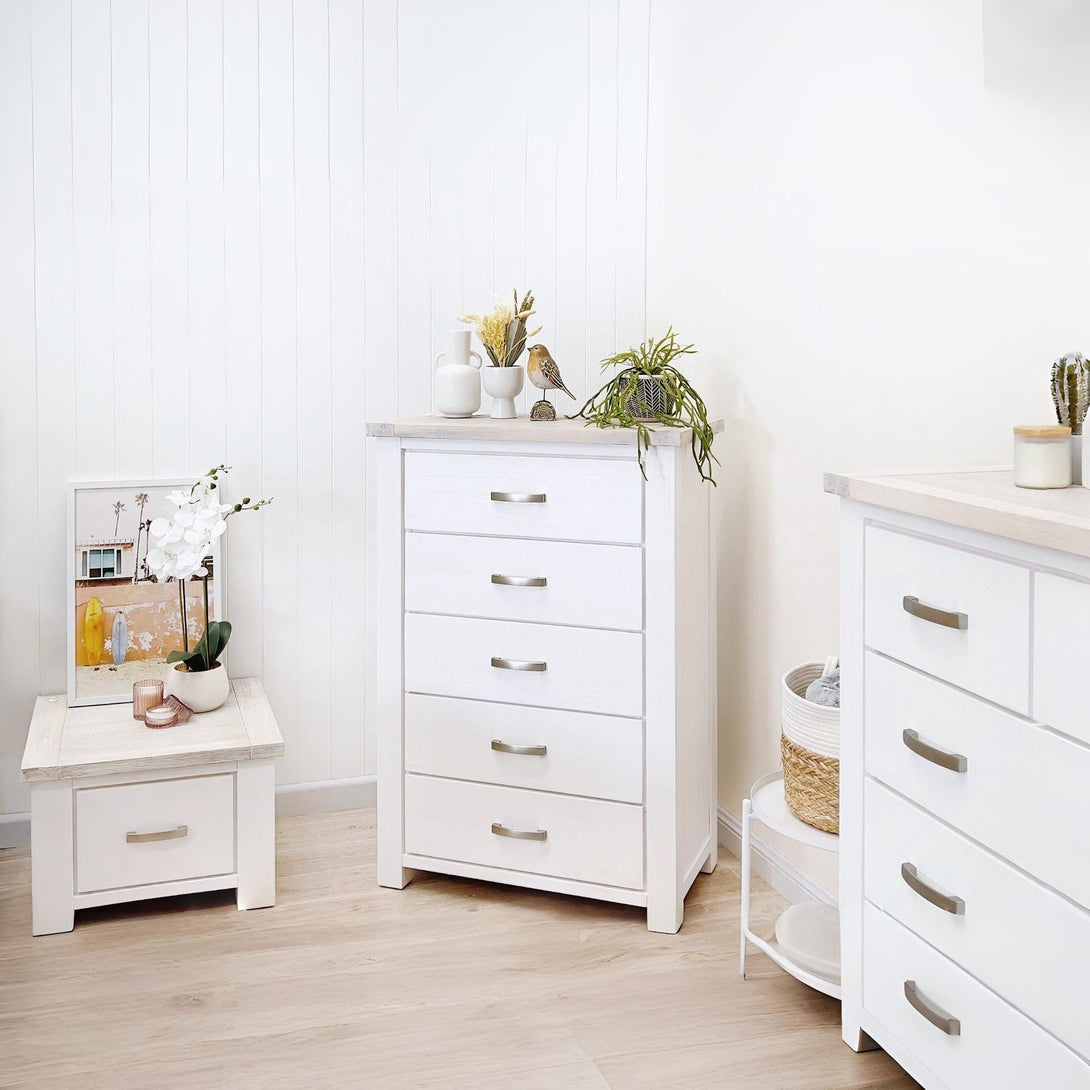Aurora Solid Wood 5 Drawer Slim Tallboy - White