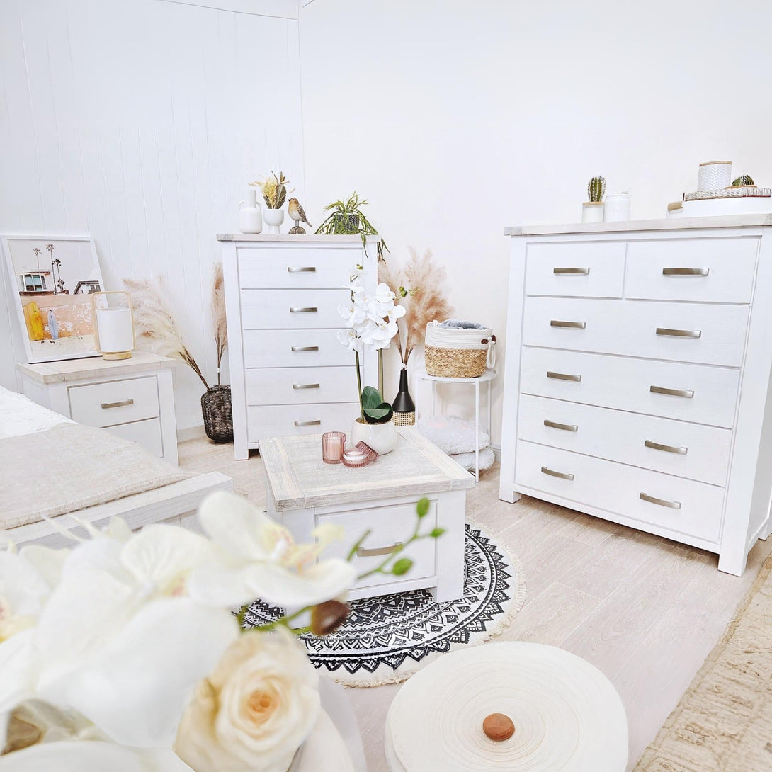 Aurora Solid Wood 5 Drawer Slim Tallboy - White