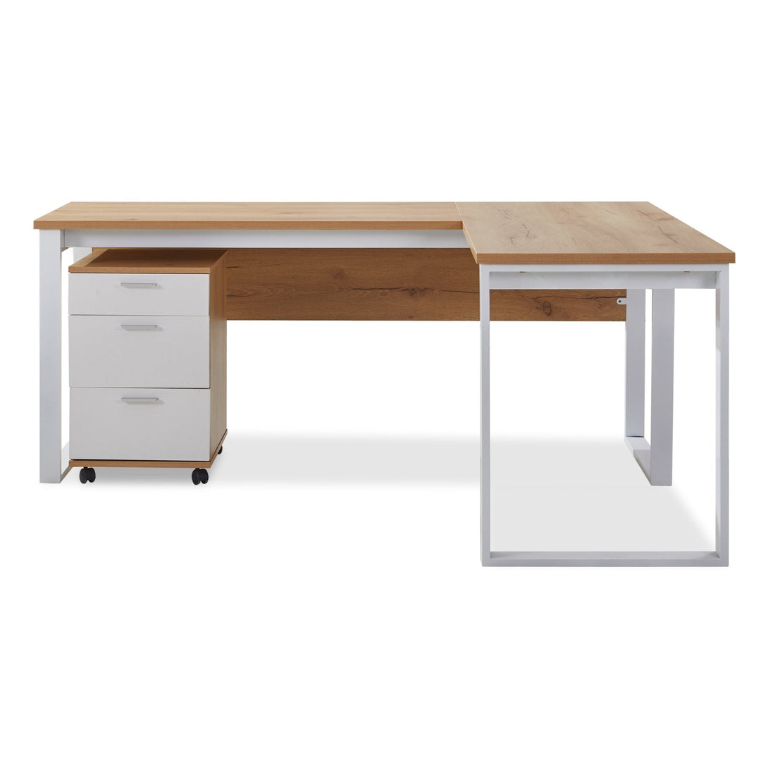 Nakia Computer Corner Desk with Filing Cabinet - Oak + White