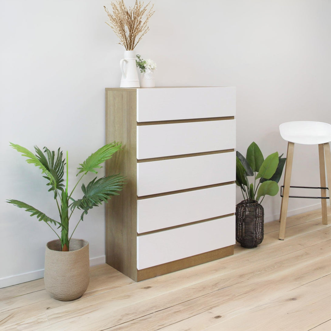 Harris 5 Drawers Tallboy - Oak + White