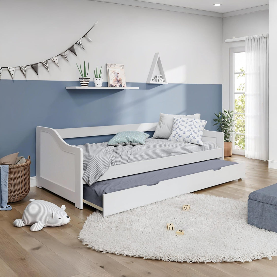 Laila Single Wooden Trundle Bed Frame - White