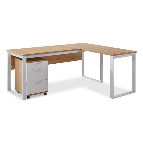 Nakia Computer Corner Desk with Filing Cabinet - Oak + White