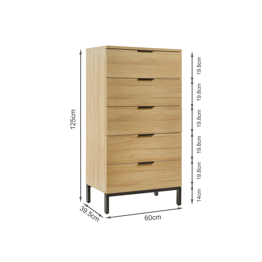 Ocala Tallboy 5 Drawer Chest Dresser - Oak