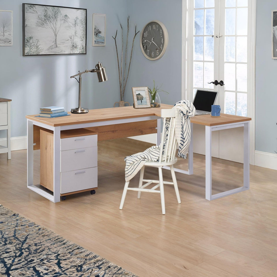 Nakia Computer Corner Desk with Filing Cabinet - Oak + White