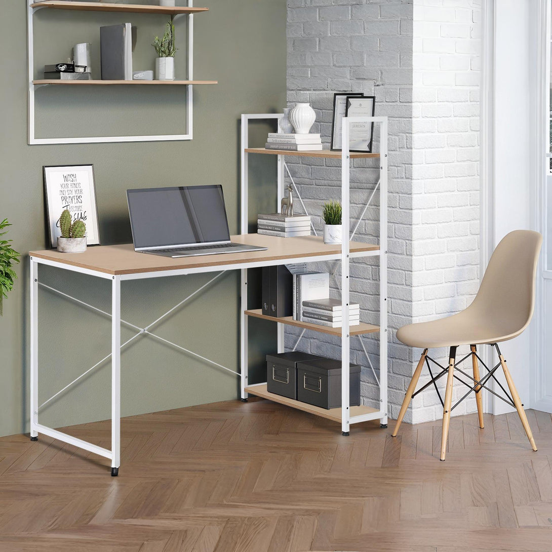 William 120cm Computer Desk with Bookshelf - White + Natural