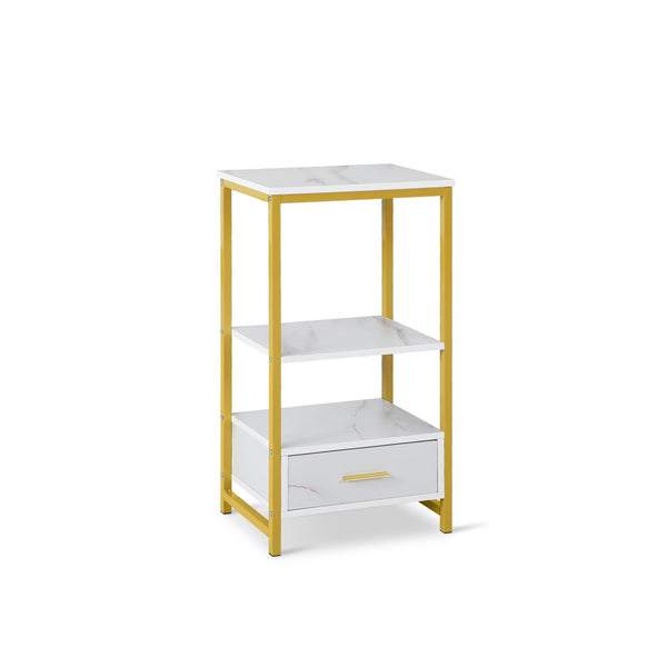 Ross Storage Shelf With Drawer - White + Gold