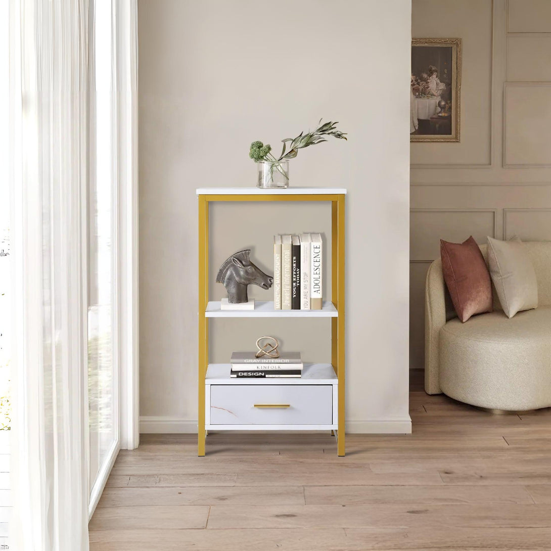 Ross Storage Shelf With Drawer - White + Gold