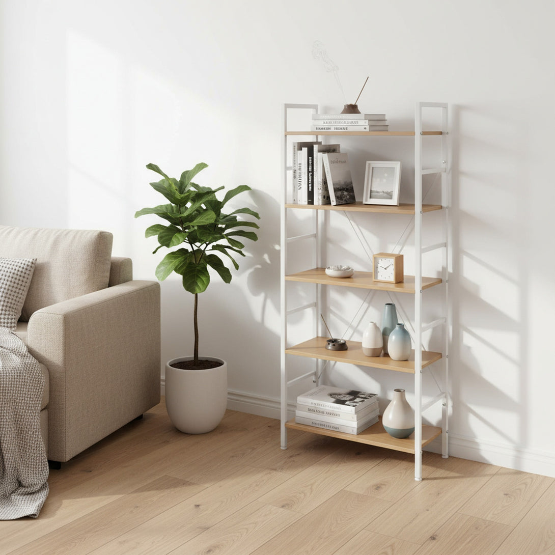 Hikuai 5 Tier Bookshelf - Natural + White