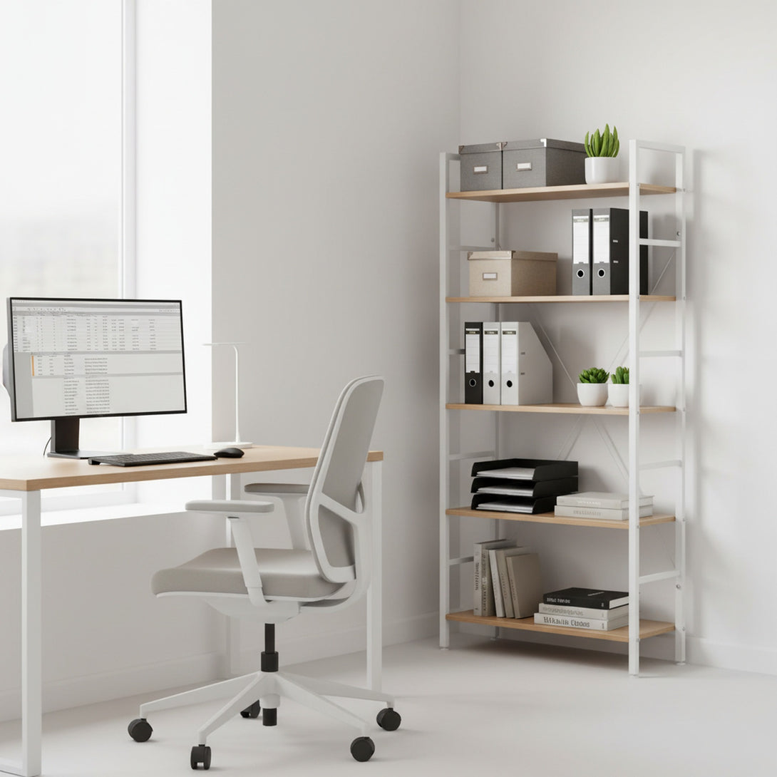 Hikuai 5 Tier Bookshelf - Natural + White