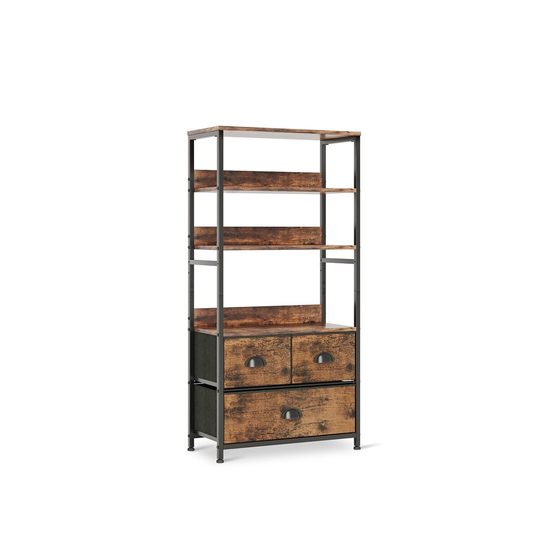 Whitby 4 Tier Storage Shelf with Drawers - Rustic Brown