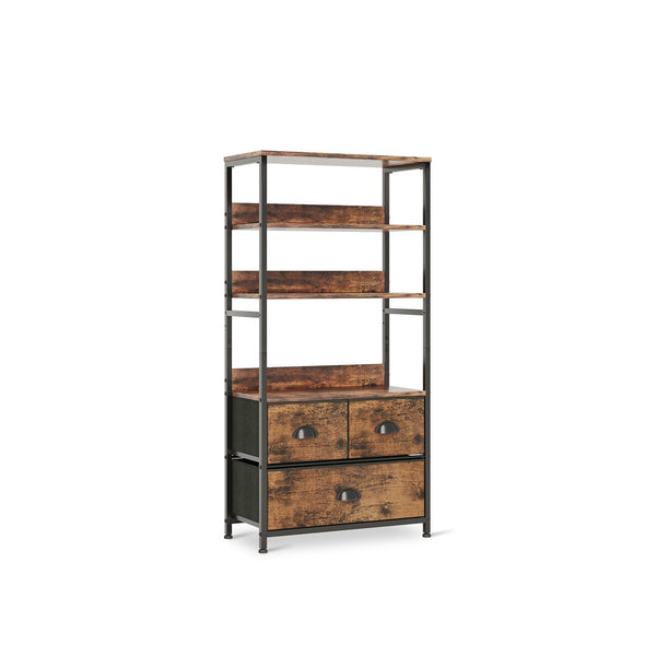 Whitby 4 Tier Storage Shelf with Drawers - Rustic Brown
