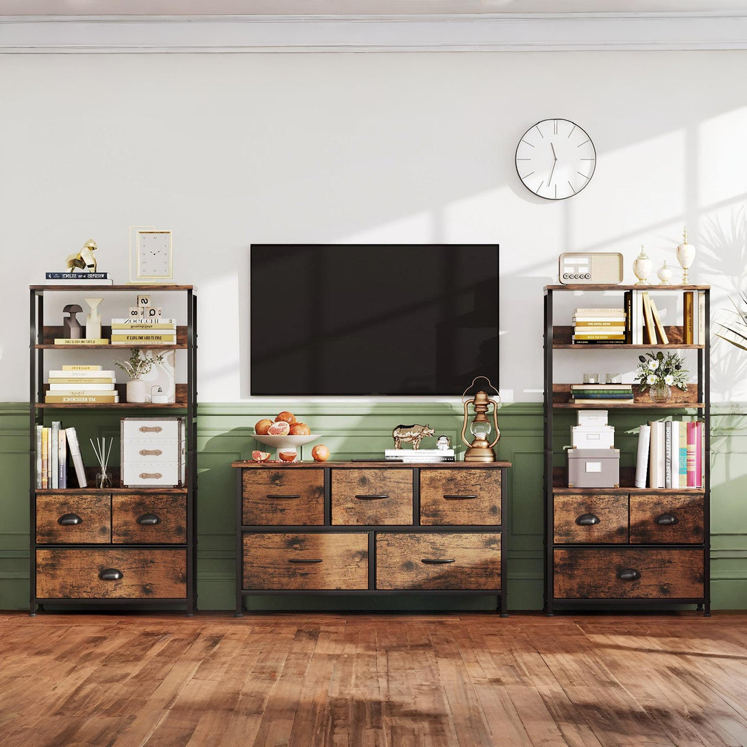 Whitby 4 Tier Storage Shelf with Drawers - Rustic Brown