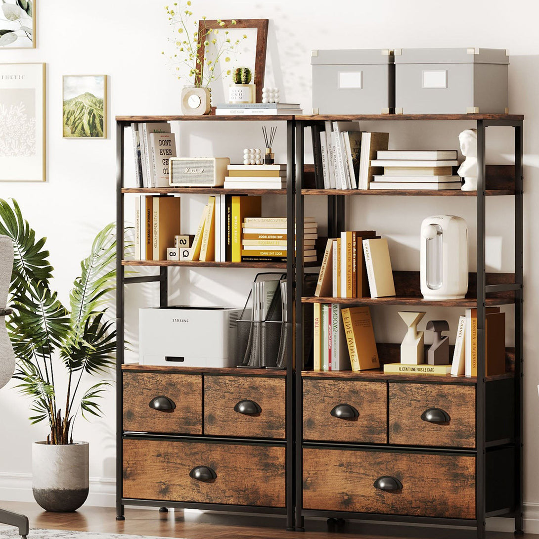 Whitby 4 Tier Storage Shelf with Drawers - Rustic Brown