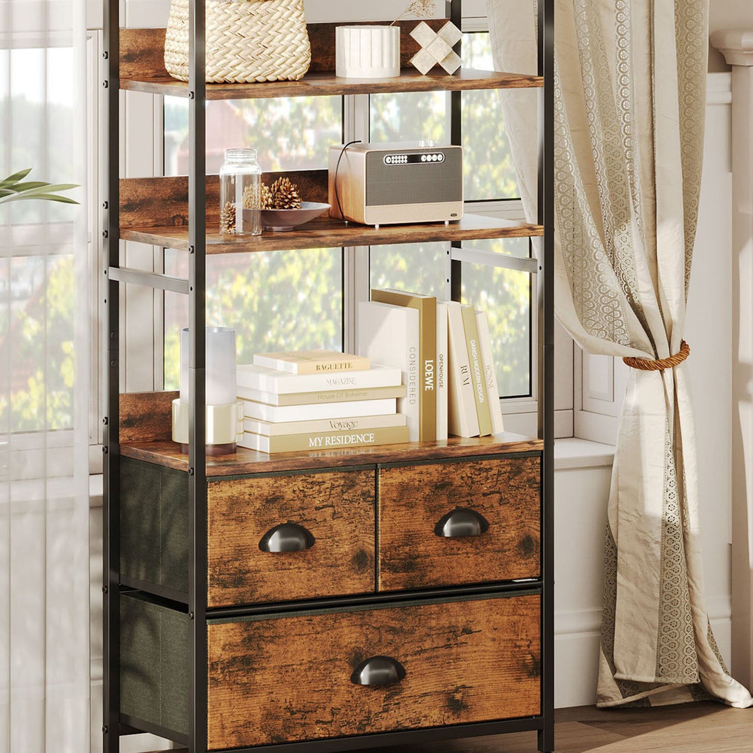Whitby 4 Tier Storage Shelf with Drawers - Rustic Brown