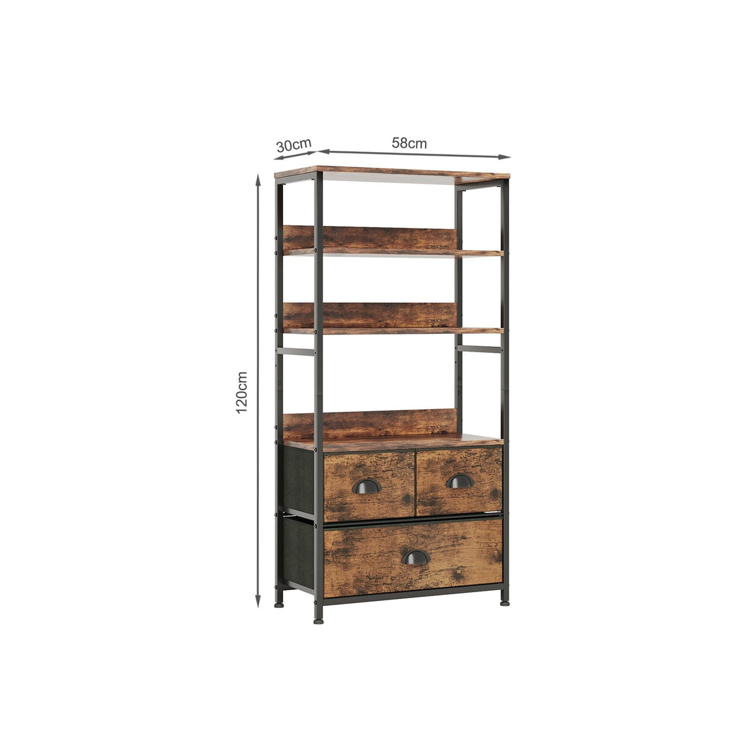 Whitby 4 Tier Storage Shelf with Drawers - Rustic Brown
