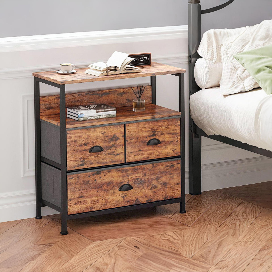 Whitby 2 Tier Storage Shelf with Drawers - Rustic Brown