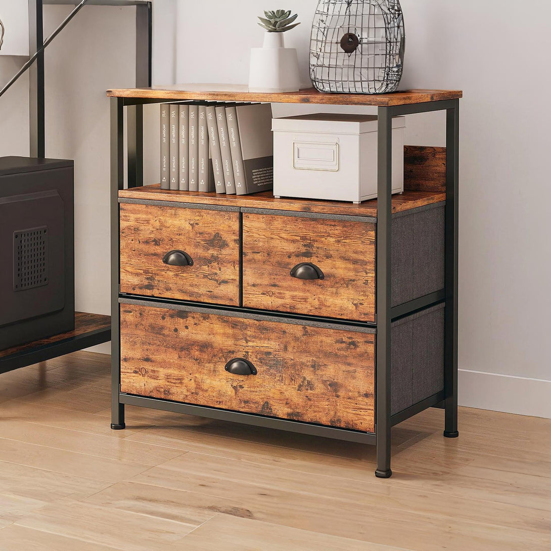 Whitby 2 Tier Storage Shelf with Drawers - Rustic Brown