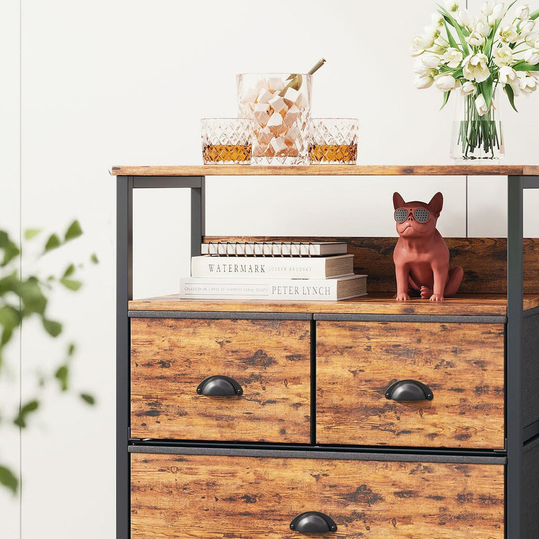 Whitby 2 Tier Storage Shelf with Drawers - Rustic Brown