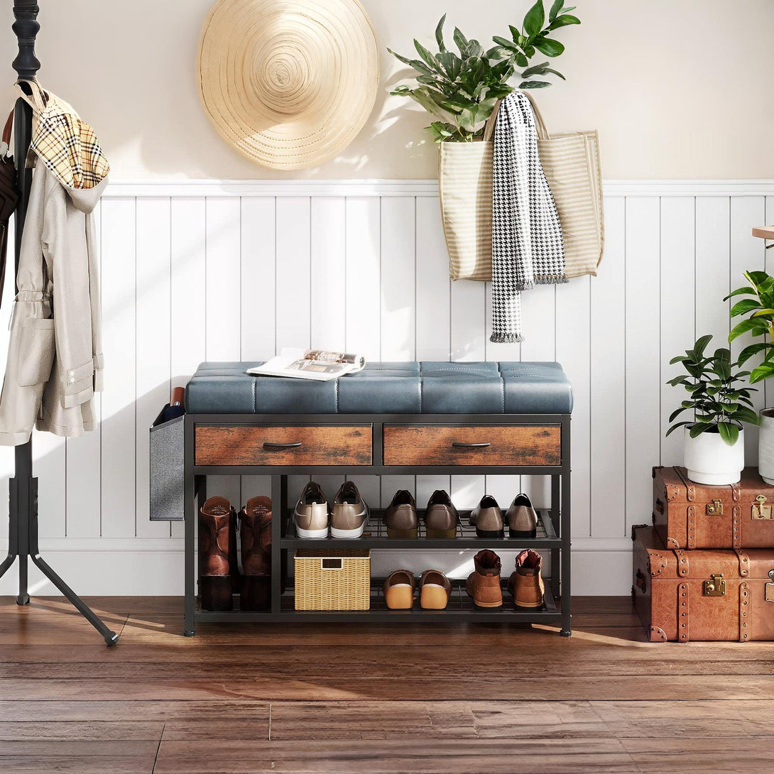 Plover Shoe Rack with Storage Bag - Rustic Brown+Blue