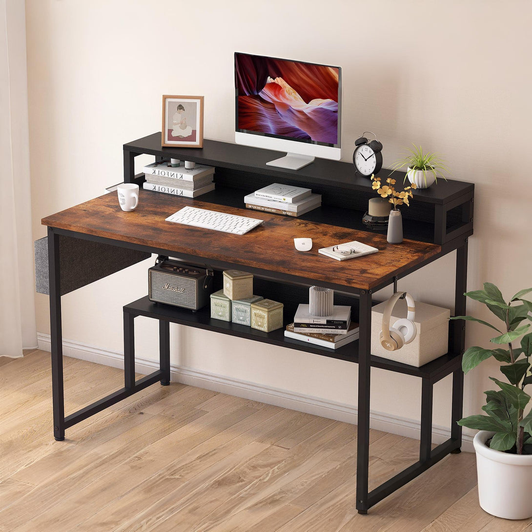Robert 120cm Computer Desk with Storage - Rustic Brown + Black