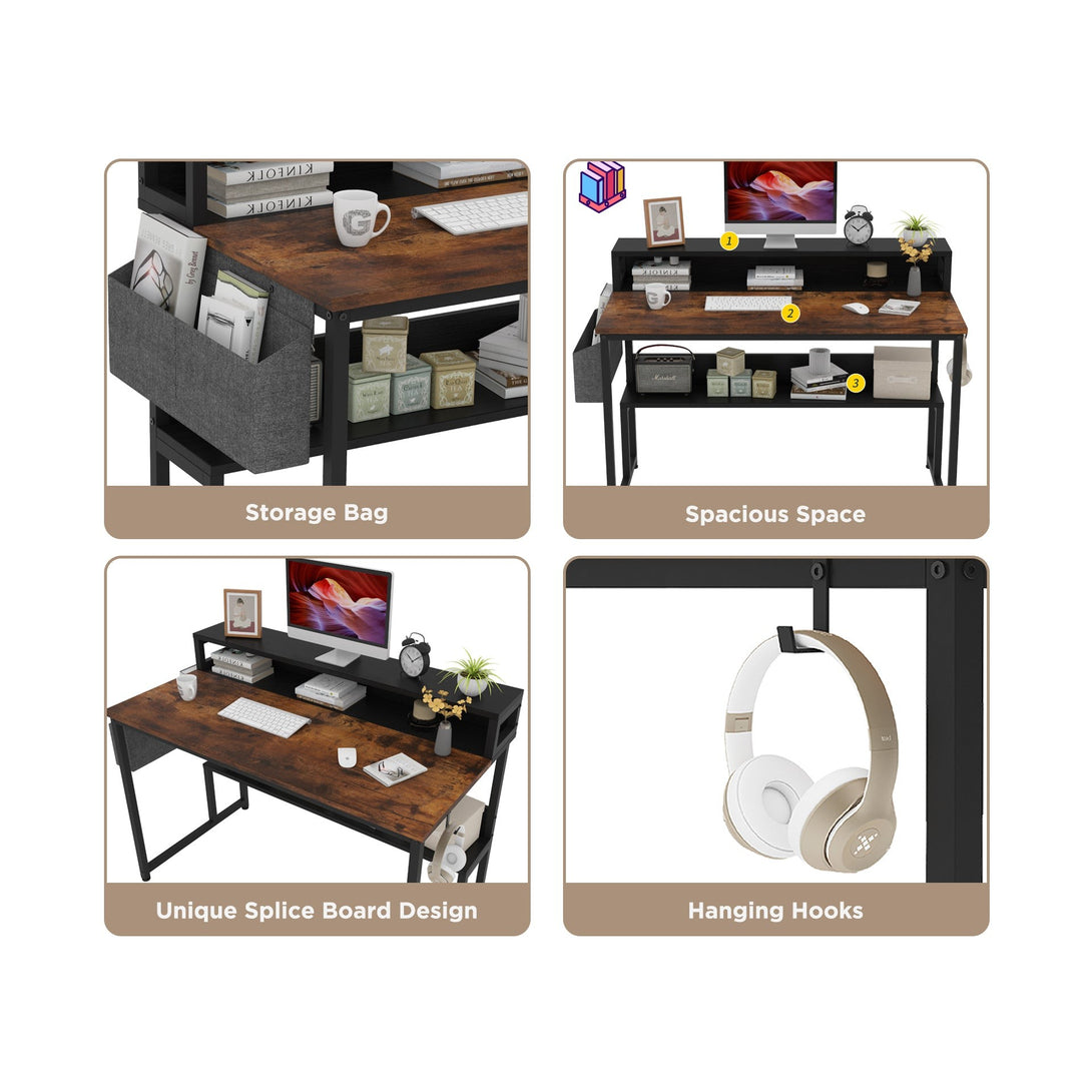 Robert 120cm Computer Desk with Storage - Rustic Brown + Black