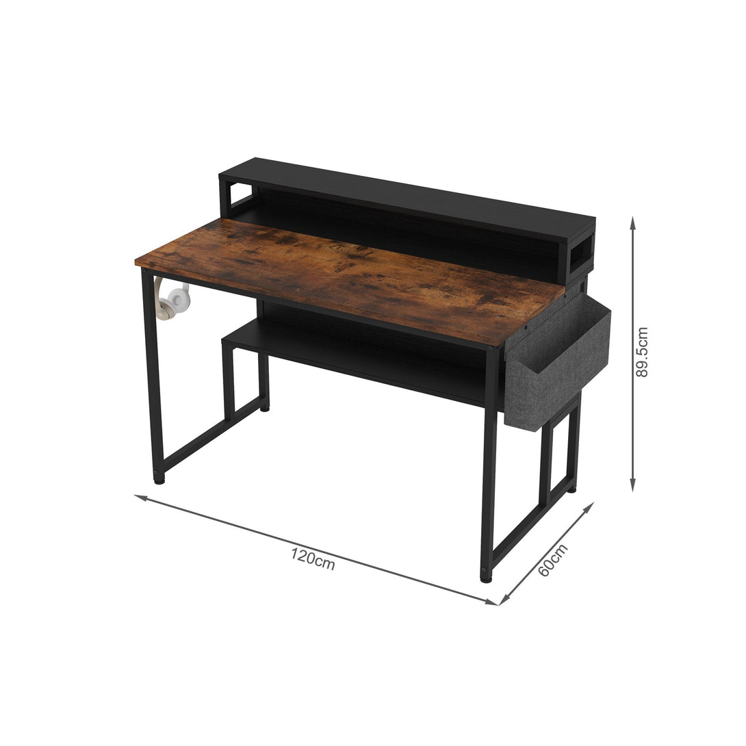 Robert 120cm Computer Desk with Storage - Rustic Brown + Black