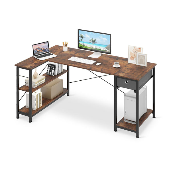 Simon Computer Corner Desk with Bookshelf - Rustic Brown