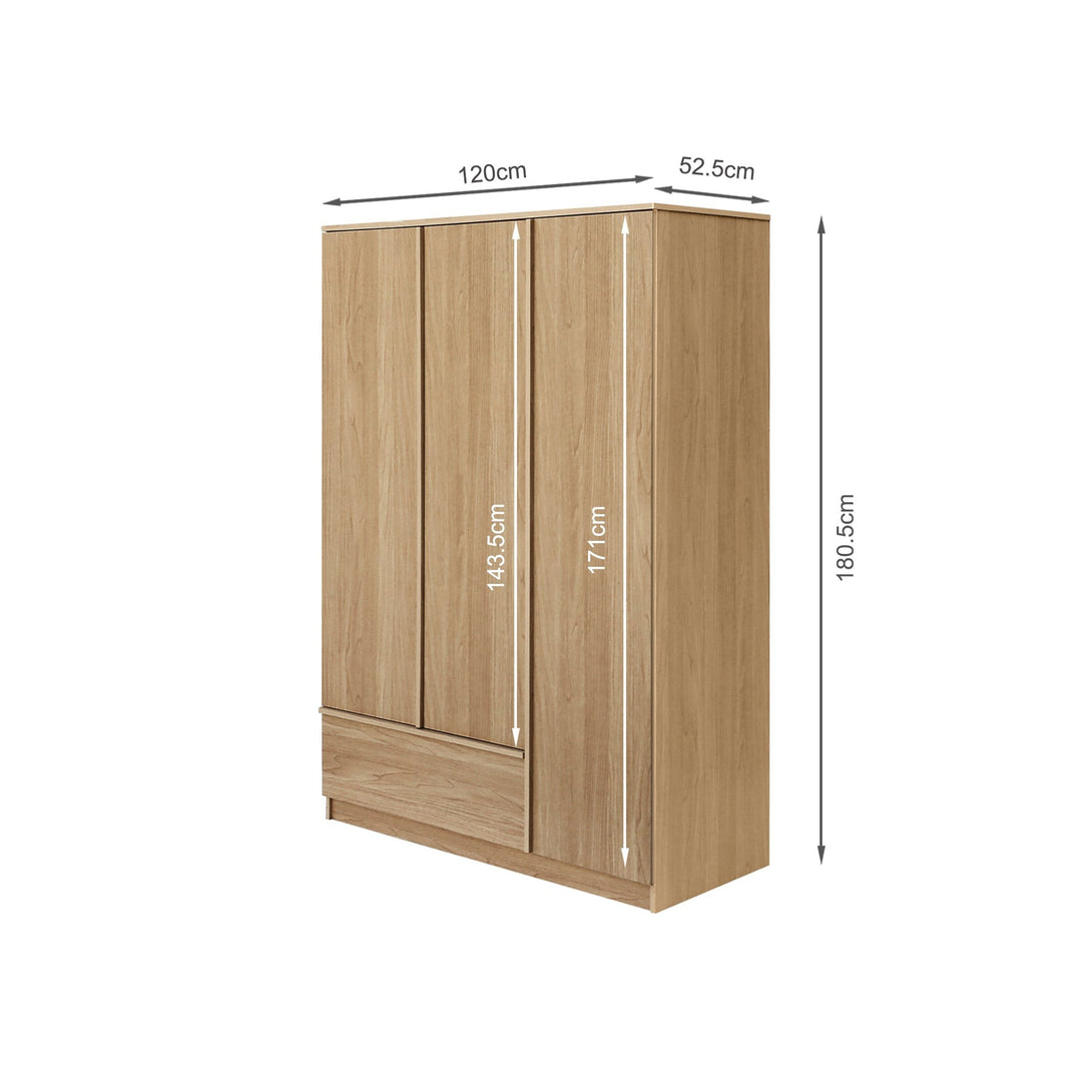 Benny 3 Door Wardrobe with Drawer - Light Teak