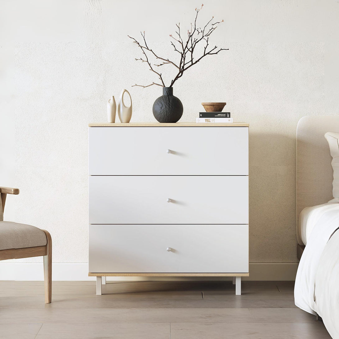 Ellis 3 Drawers Tallboy - Oak + White