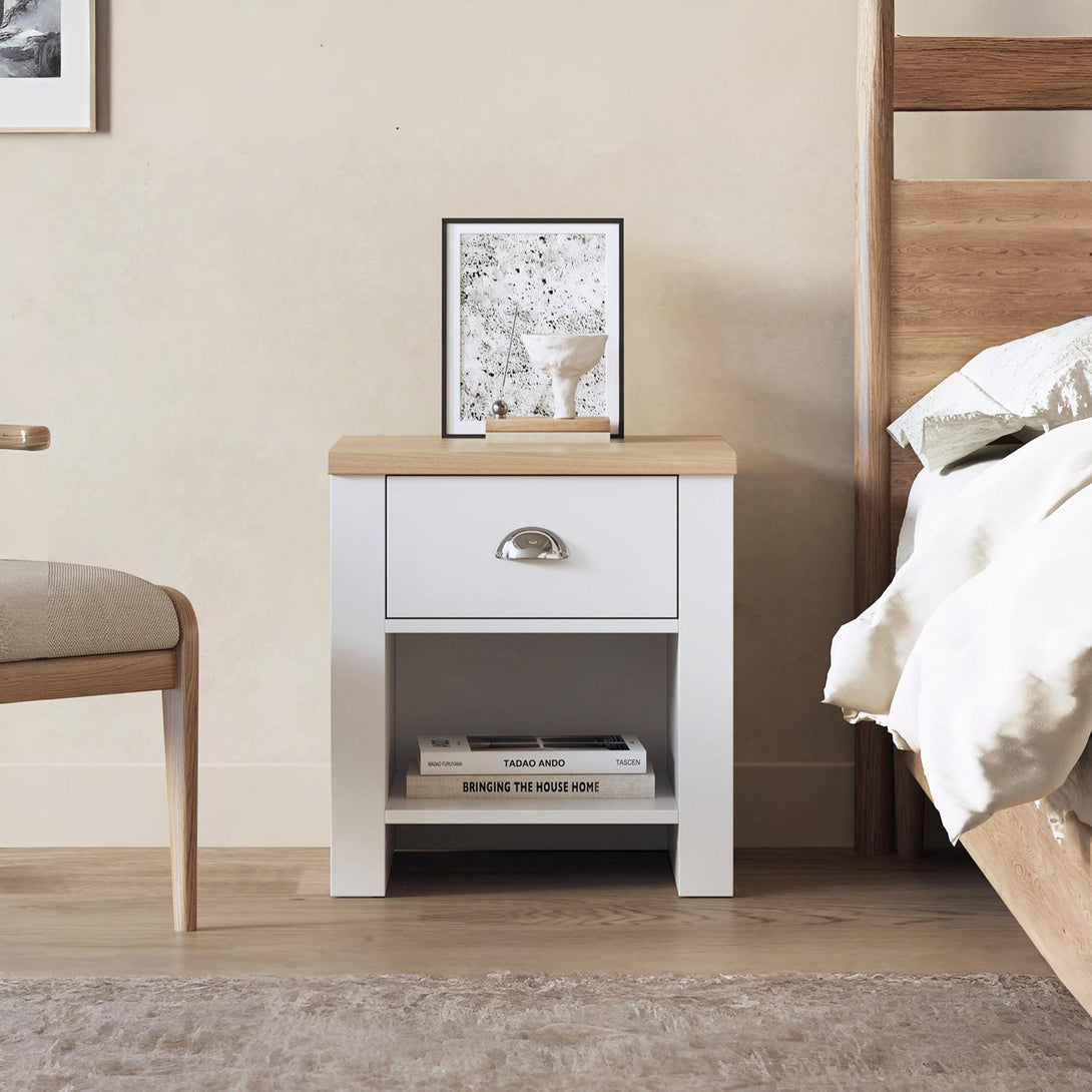 Tegan Bedside Table - Light Teak + White