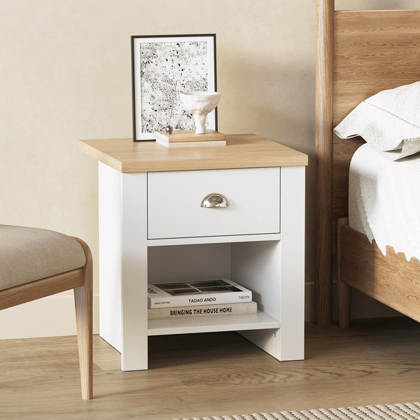 Tegan Bedside Table - Light Teak + White