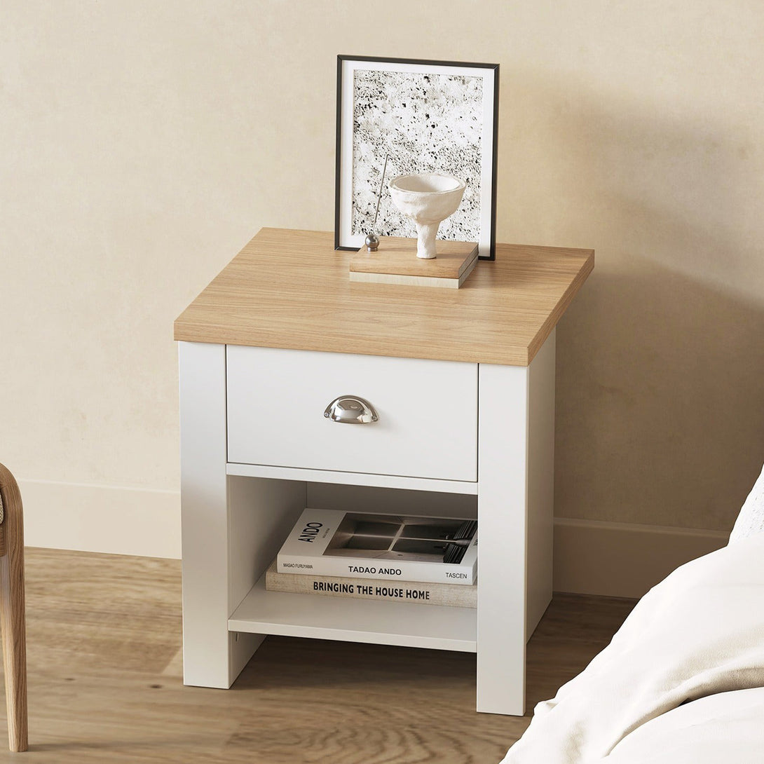 Tegan Bedside Table - Light Teak + White