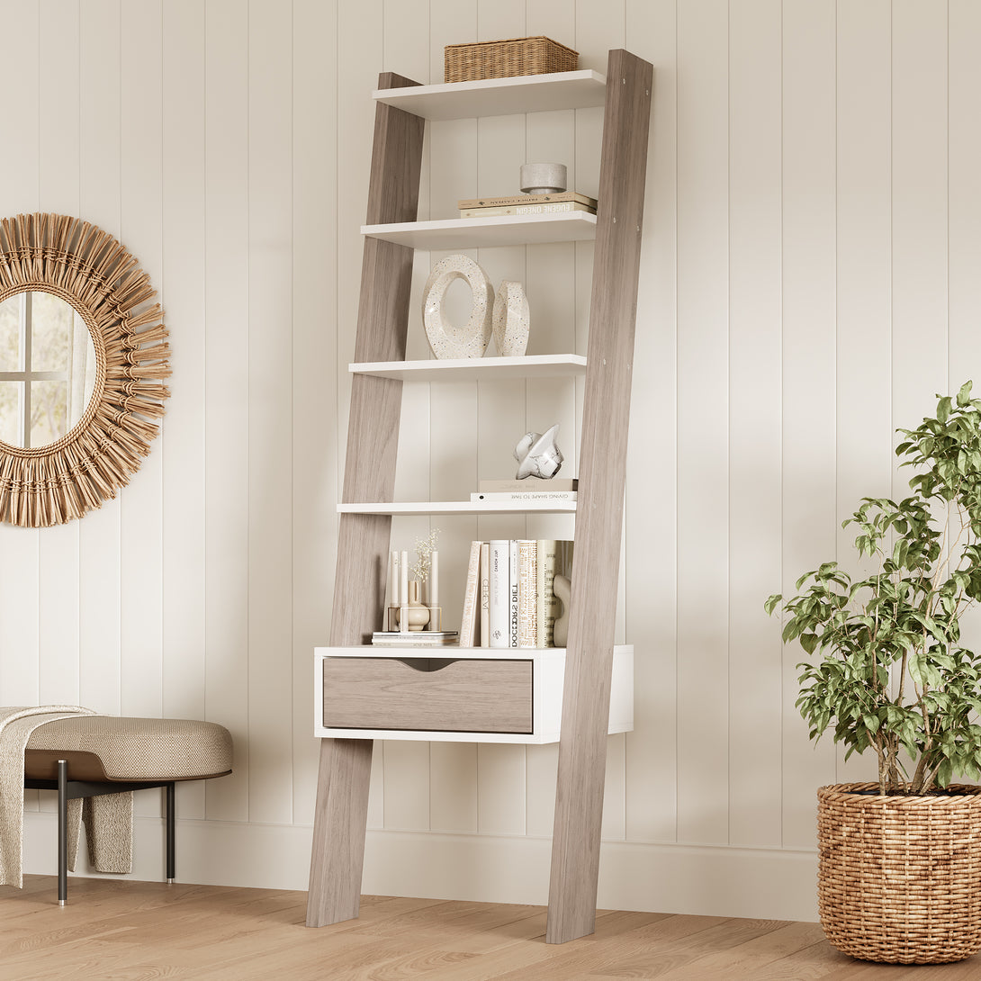 Clive 5 Tier Ladder Shelf with Drawer - Walnut + White
