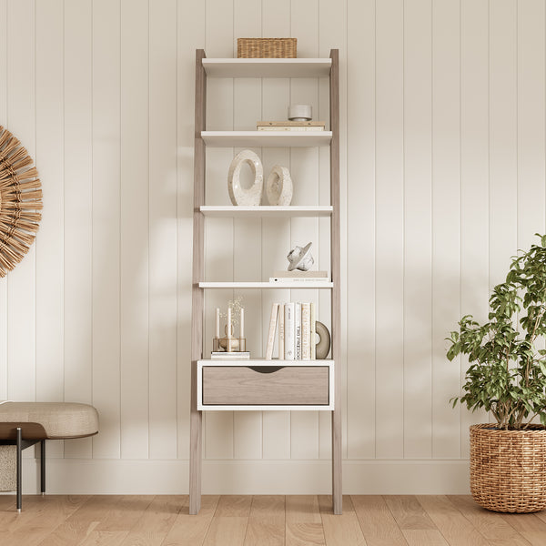 Clive 5 Tier Ladder Shelf with Drawer - Walnut + White