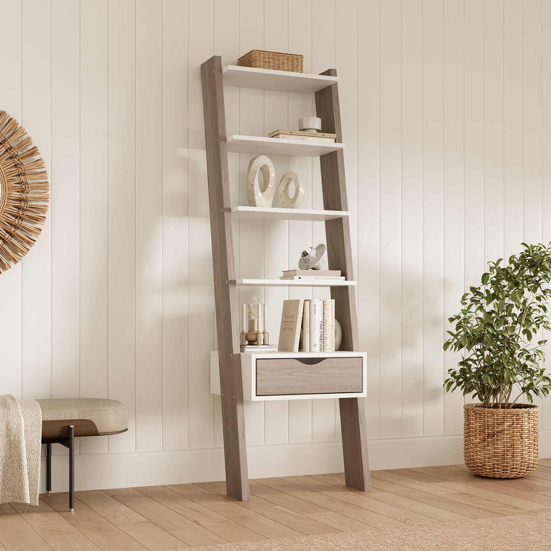 Clive 5 Tier Ladder Shelf with Drawer - Walnut + White