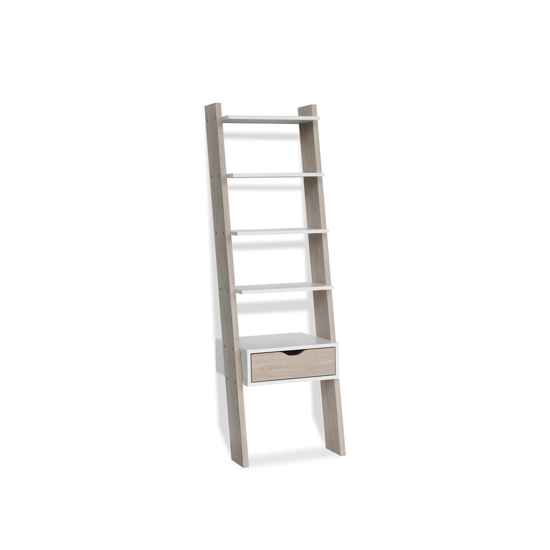 Clive 5 Tier Ladder Shelf with Drawer - Walnut + White
