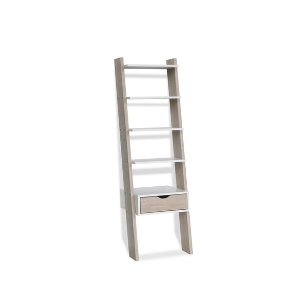 Clive 5 Tier Ladder Shelf with Drawer - Walnut + White