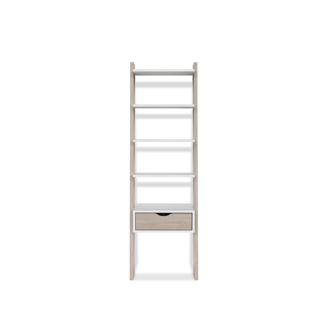 Clive 5 Tier Ladder Shelf with Drawer - Walnut + White